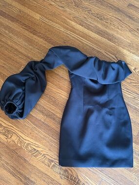 One-Shoulder Black Mini Dress with Dramatic Puff Sleeve (Runs small says Size 6)
